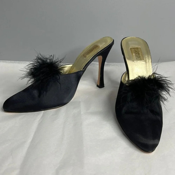LA SENZA Vintage Black Feather Trim Satin Heel Slipper Shoes Size XL 7-8 - Picture 6 of 11